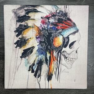 Watercolor Skull With Indian Headdress Textured 16x16 Wrapped‎ Frame Native